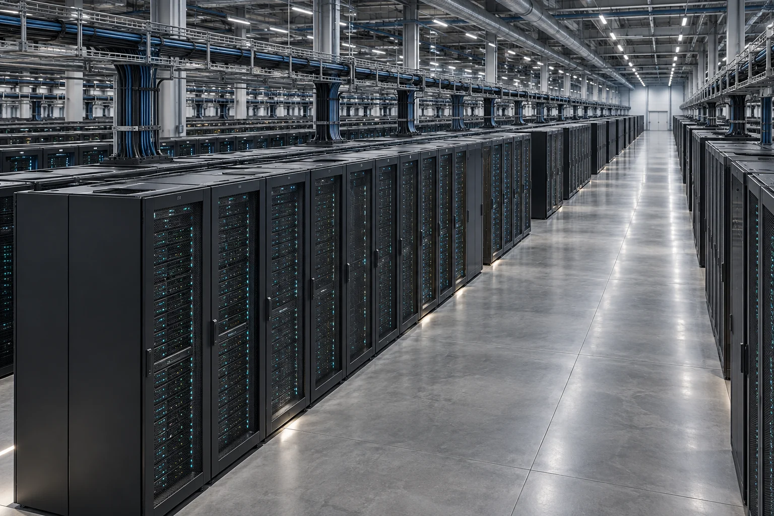 Multiple rows of server cabinets across a large data hall.