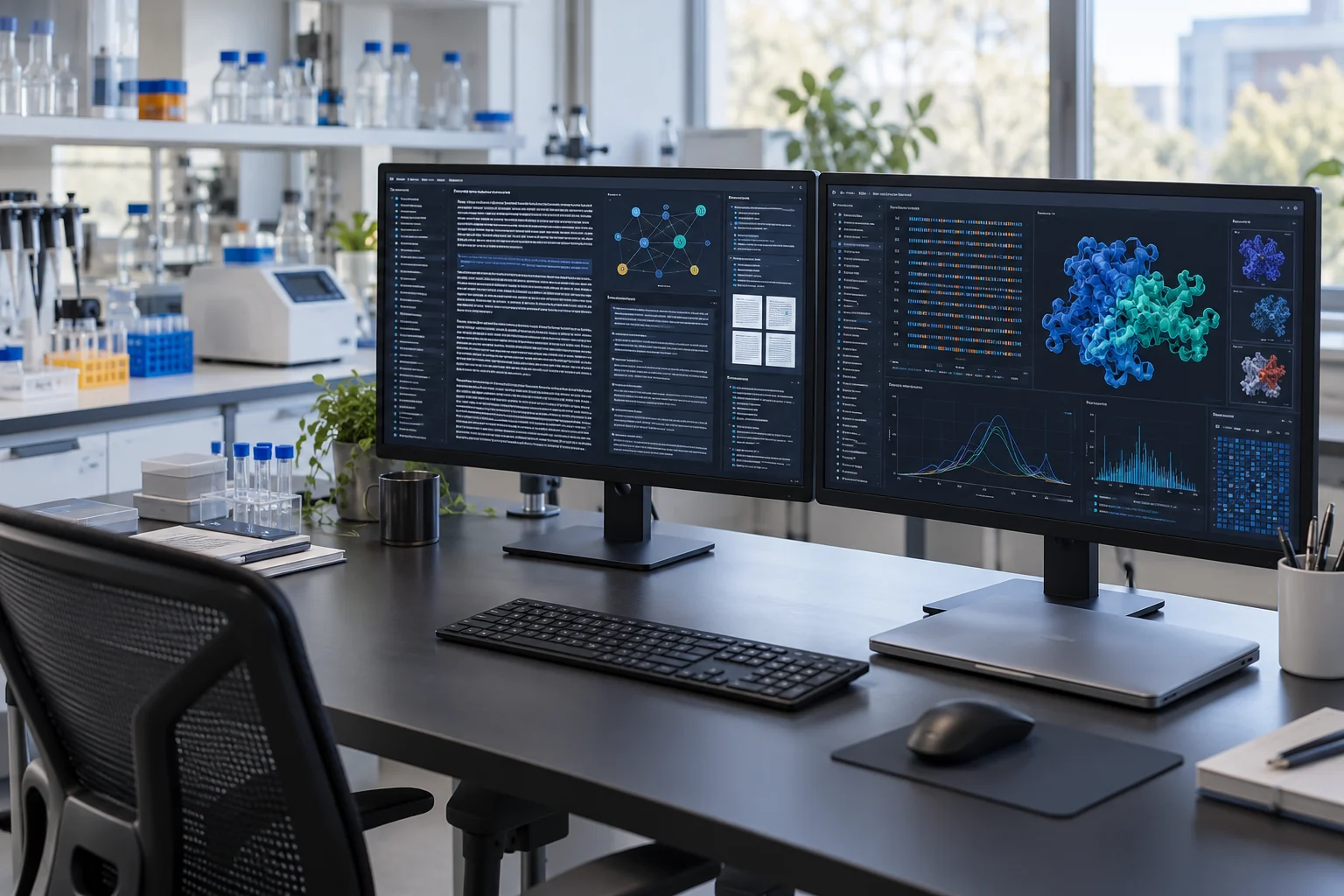 Dual-screen computing workspace with biomedical research information and scientific data.