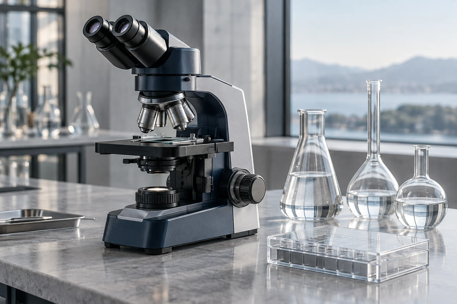 Microscope and glass research vessels in a conceptual laboratory.