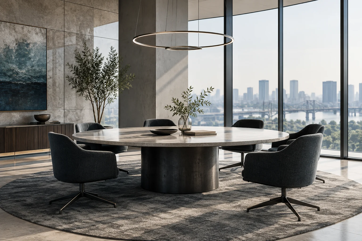 Refined architectural interior with a restrained navy and teal palette.