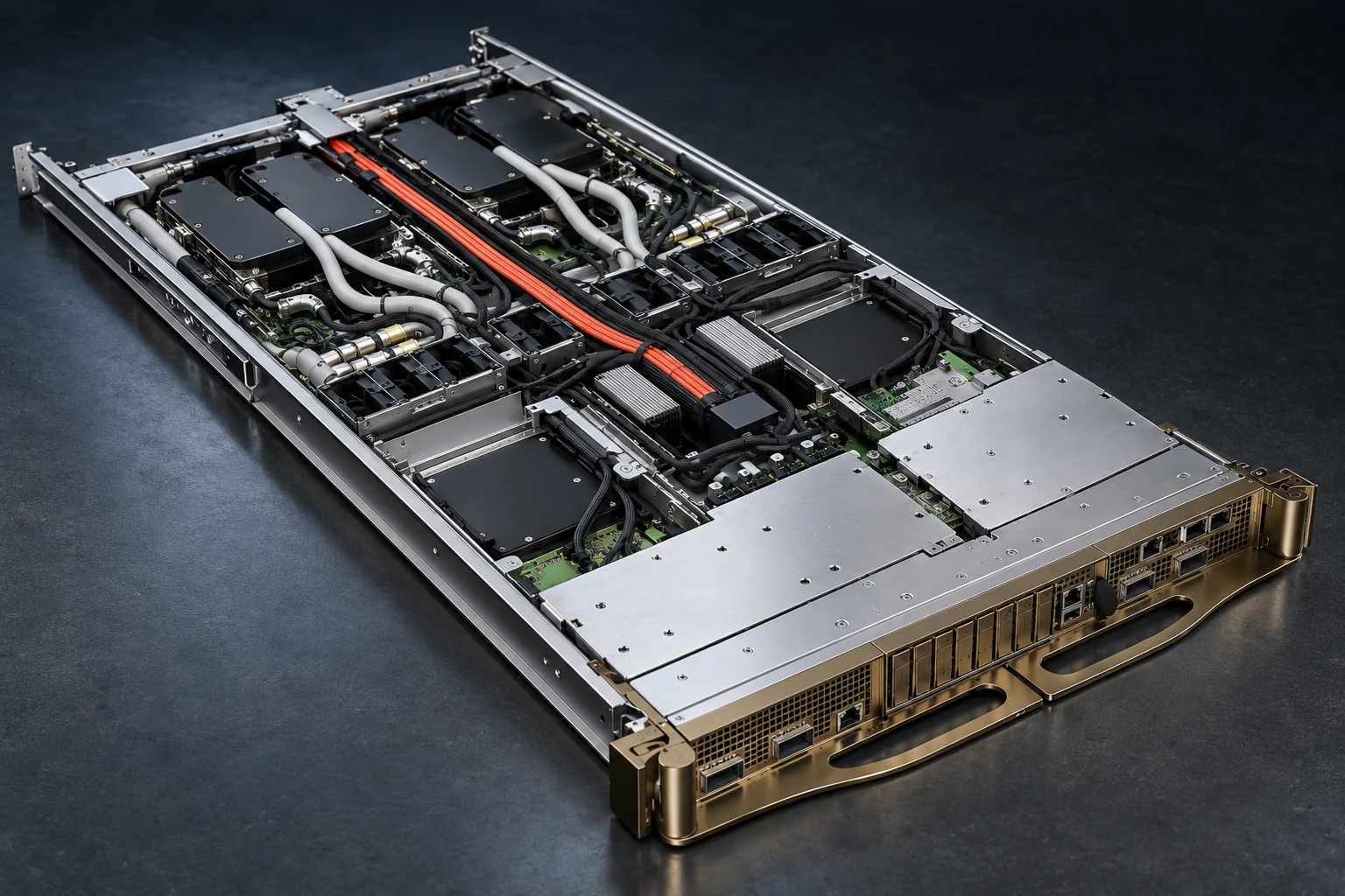 Open liquid-cooled compute tray with cold plates, coolant tubing and network interfaces.